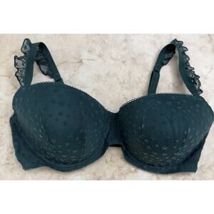 Victoria Secret PINK 38DD dark emerald green lace push up bra ruffle sleeves